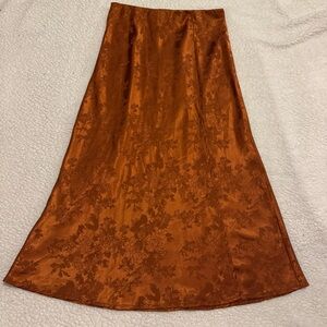 Princess Polly Jeannie Midi Skirt Rust Orange Floral Jacquard Satin High Slit